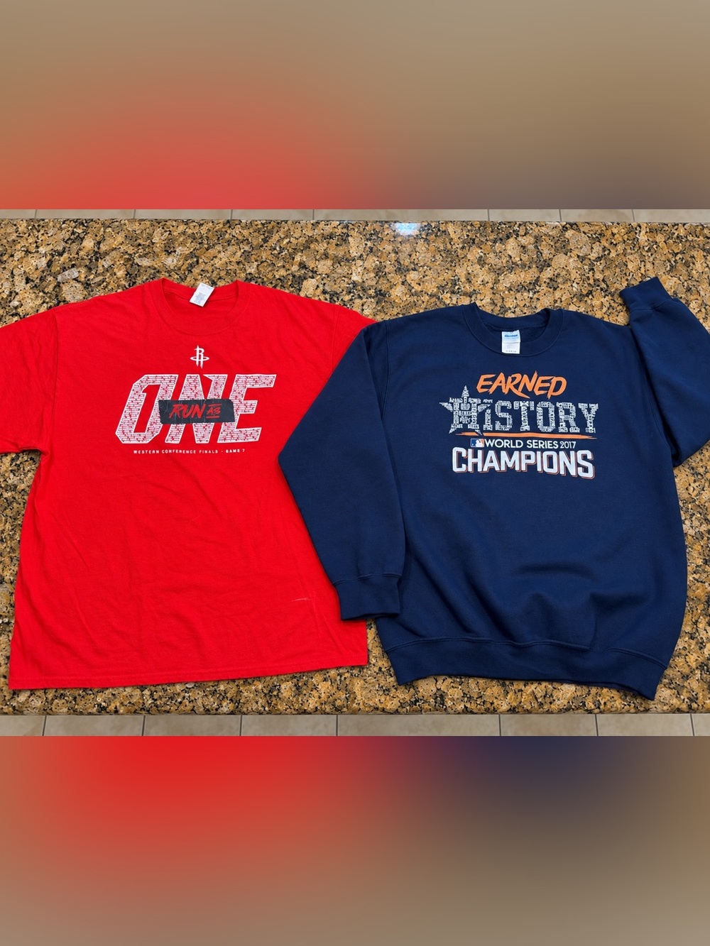 Bundle of Two Red 'One' Houston Rockets Graphic Men's T‑Shirt and Astros Sweater